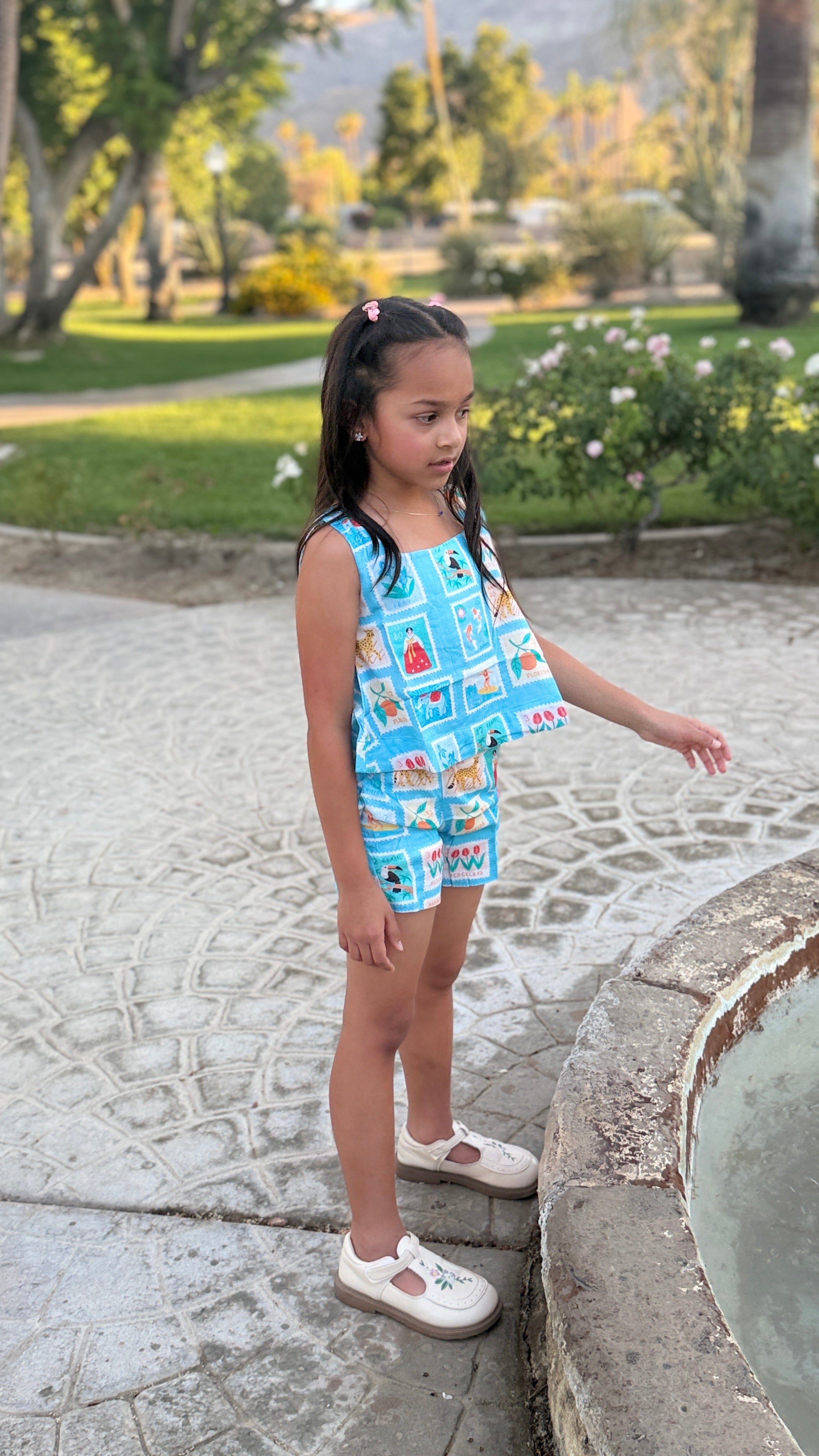 Girls Top and Shorts Set — Sky Blue World Traveler Print