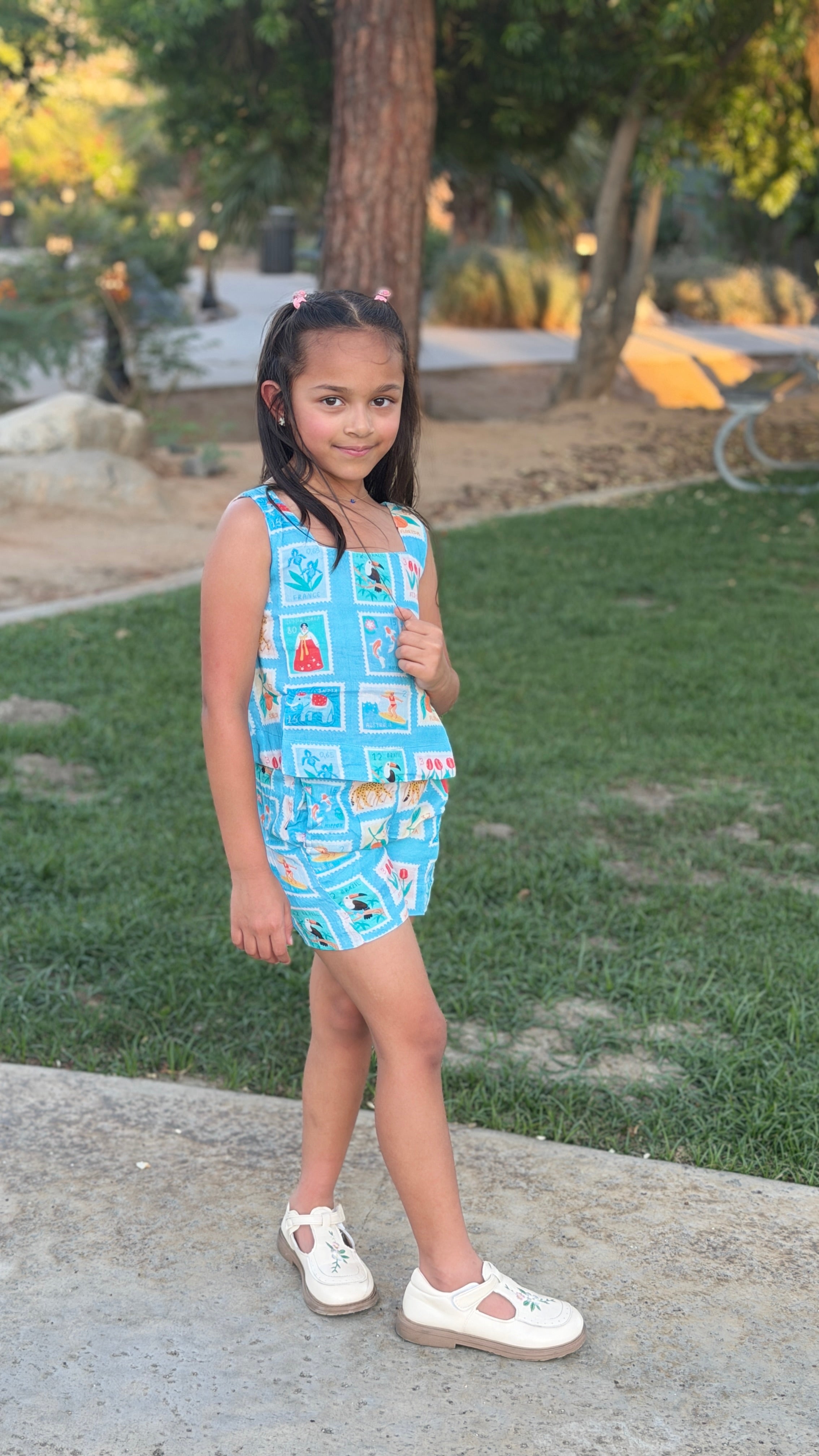 Girls Top and Shorts Set — Sky Blue World Traveler Print