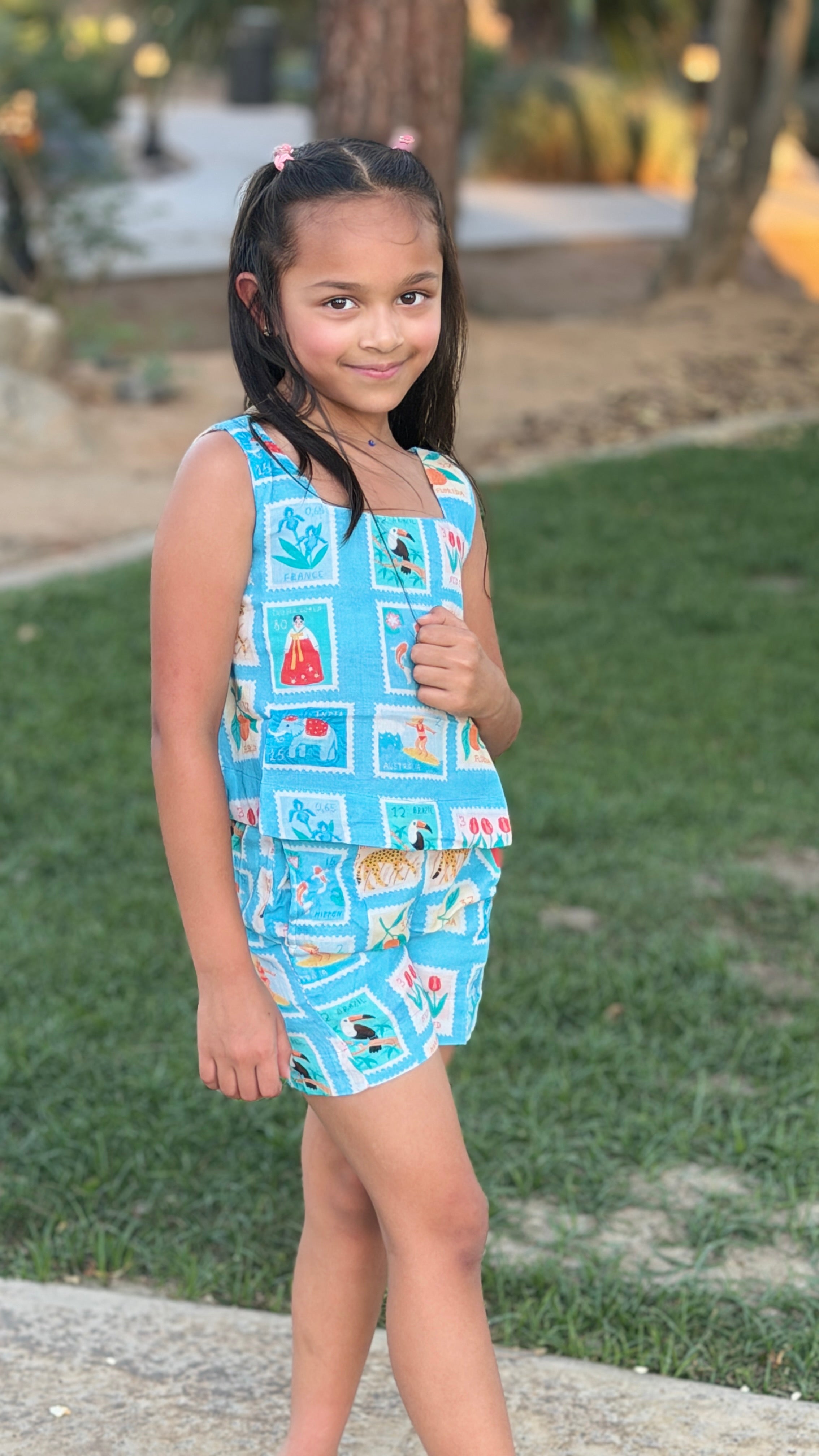 Girls Top and Shorts Set — Sky Blue World Traveler Print