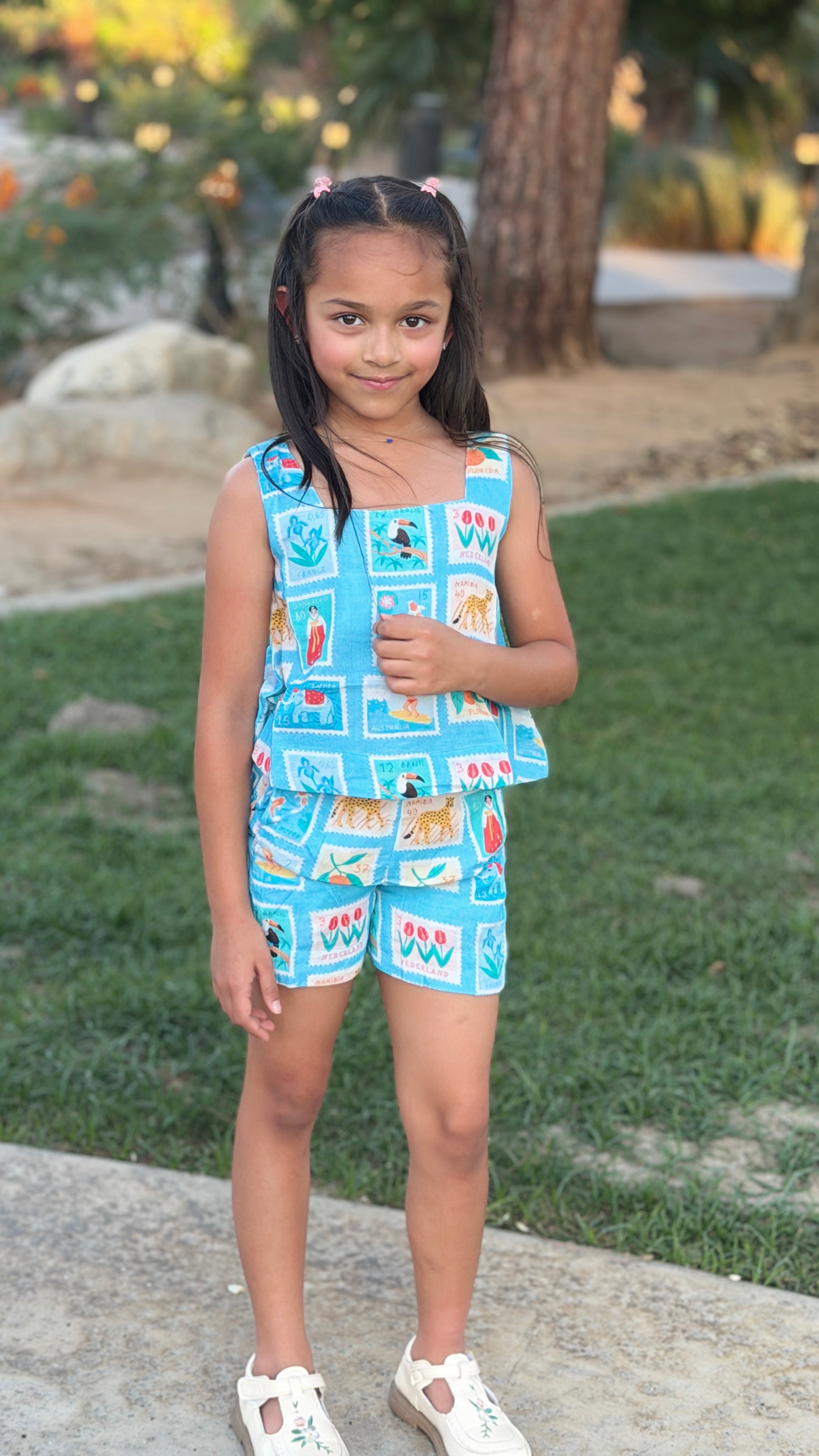 Girls Top and Shorts Set — Sky Blue World Traveler Print