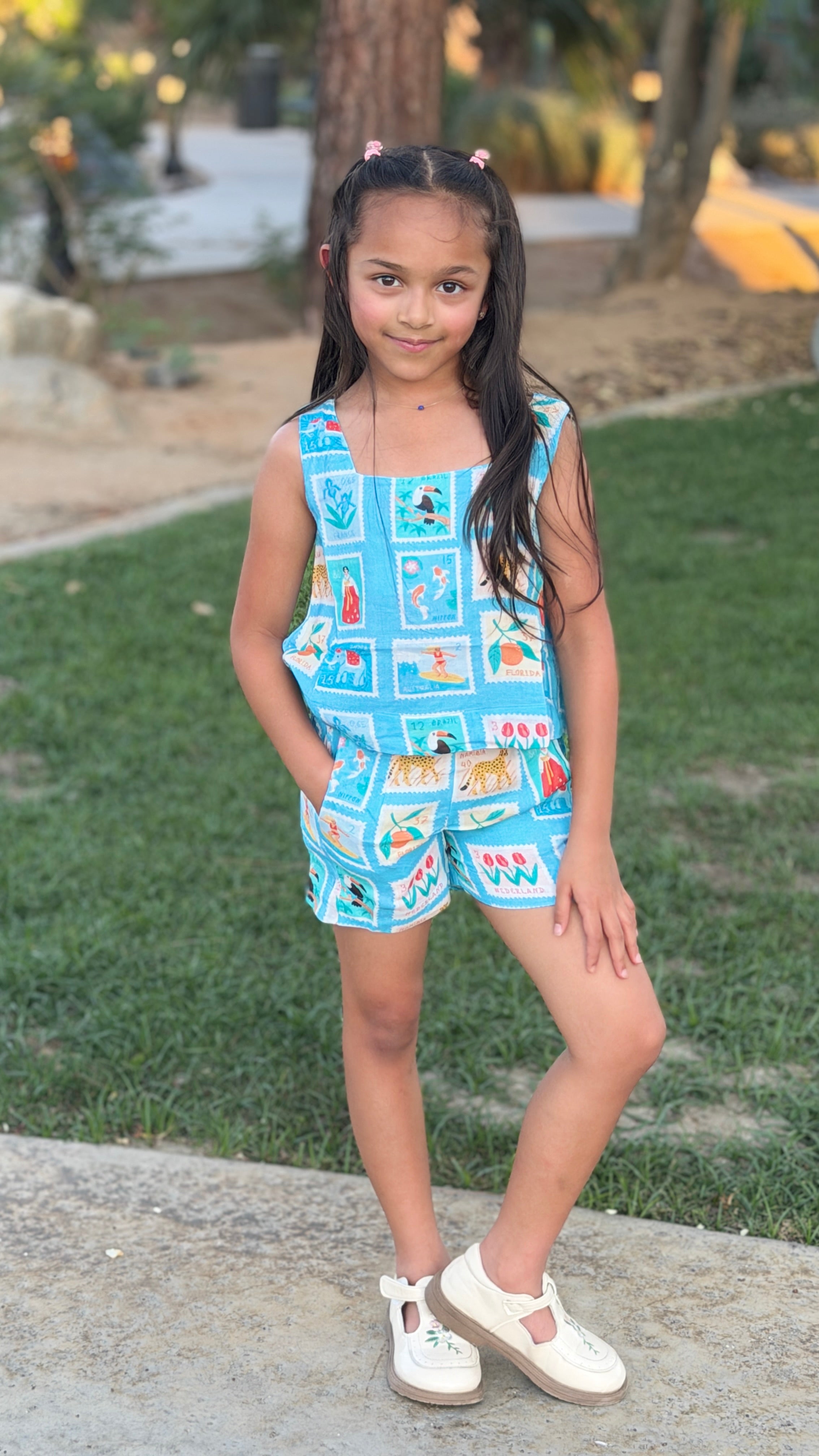 Girls Top and Shorts Set — Sky Blue World Traveler Print