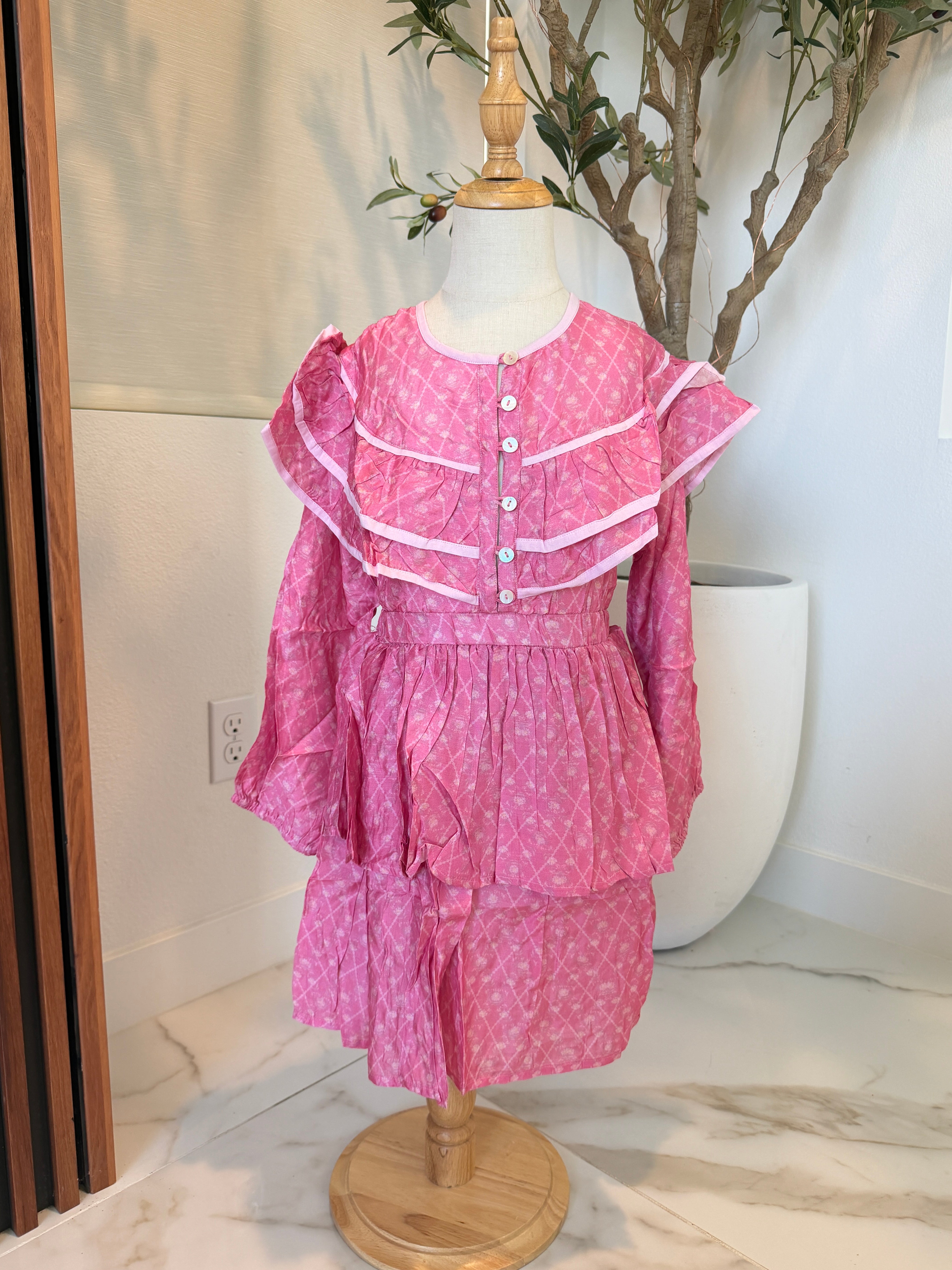 Girls Long Sleeve Floral Dress — Rose Pink Ruffle Collar with Button Front