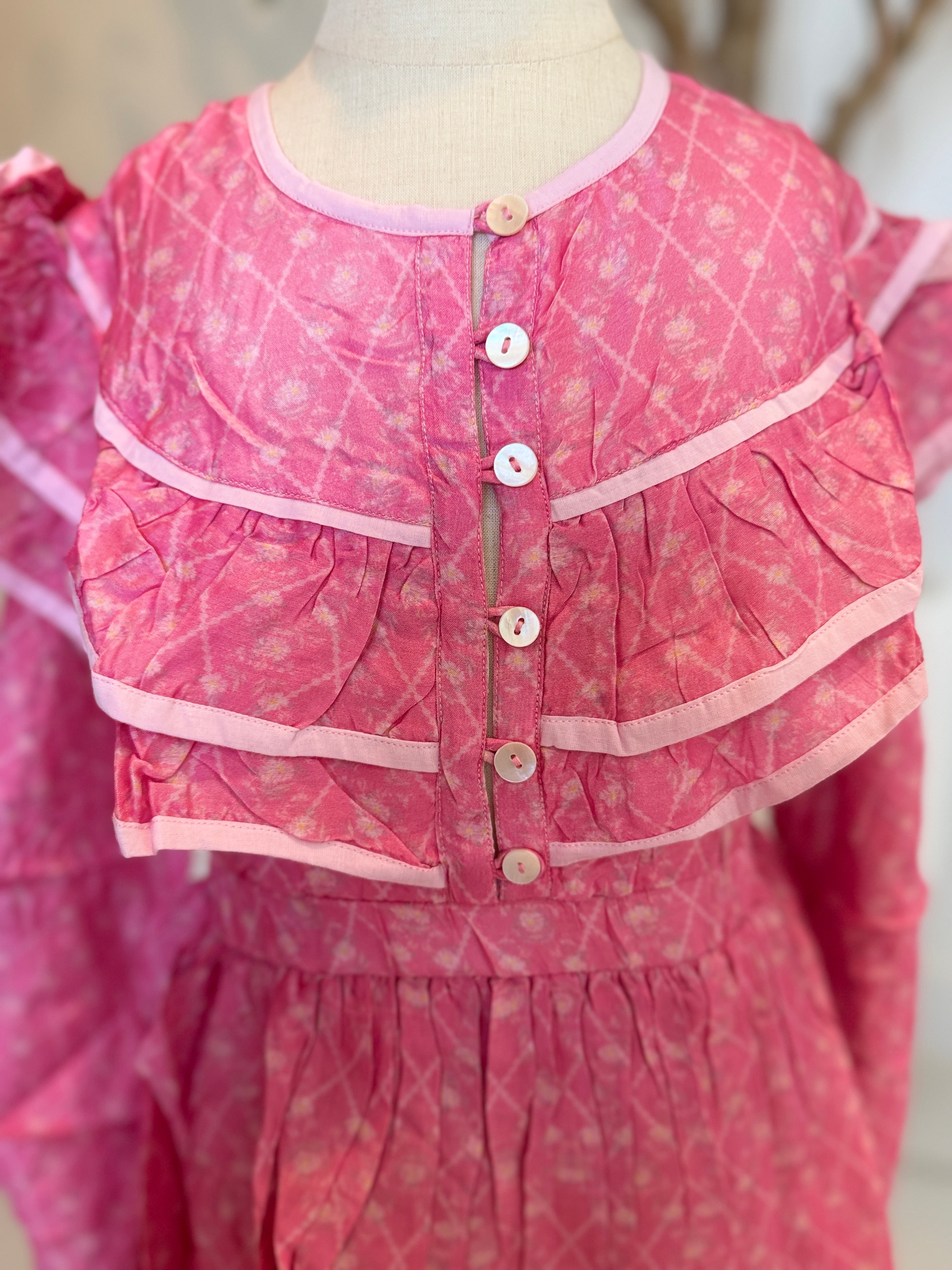 Girls Long Sleeve Floral Dress — Rose Pink Ruffle Collar with Button Front