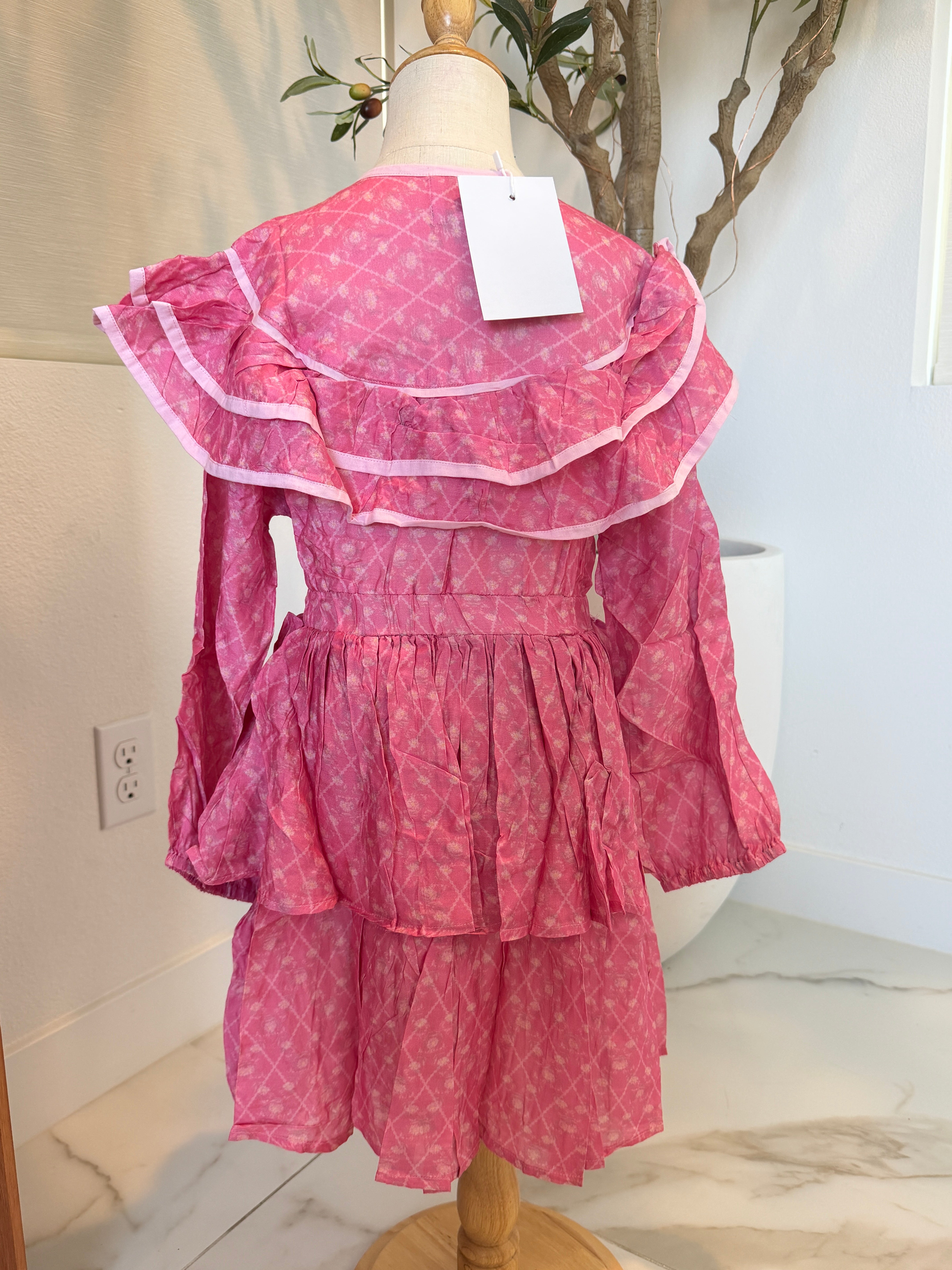 Girls Long Sleeve Floral Dress — Rose Pink Ruffle Collar with Button Front