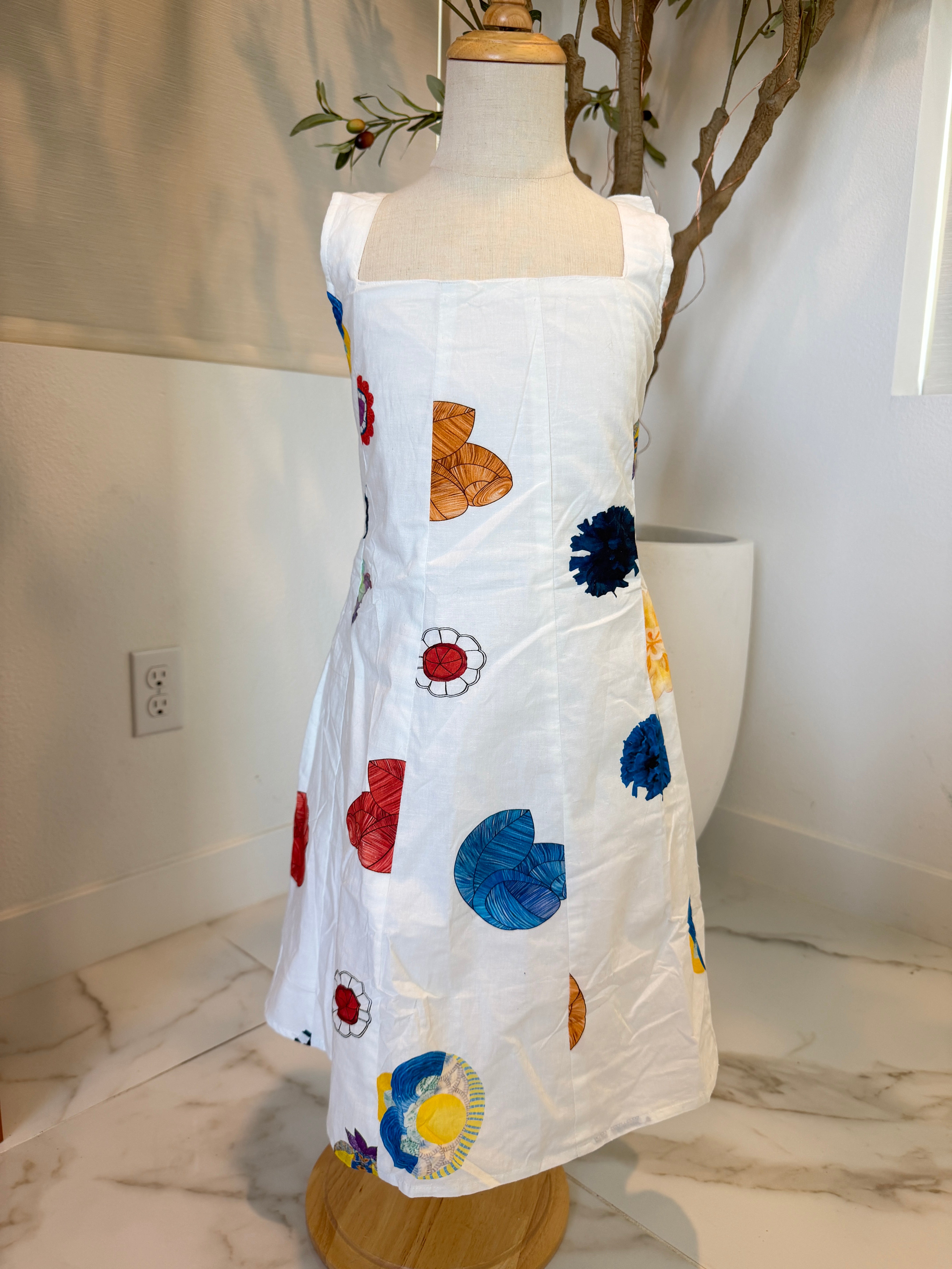 Girls Sleeveless A-Line Dress — White Watercolor Botanical Print