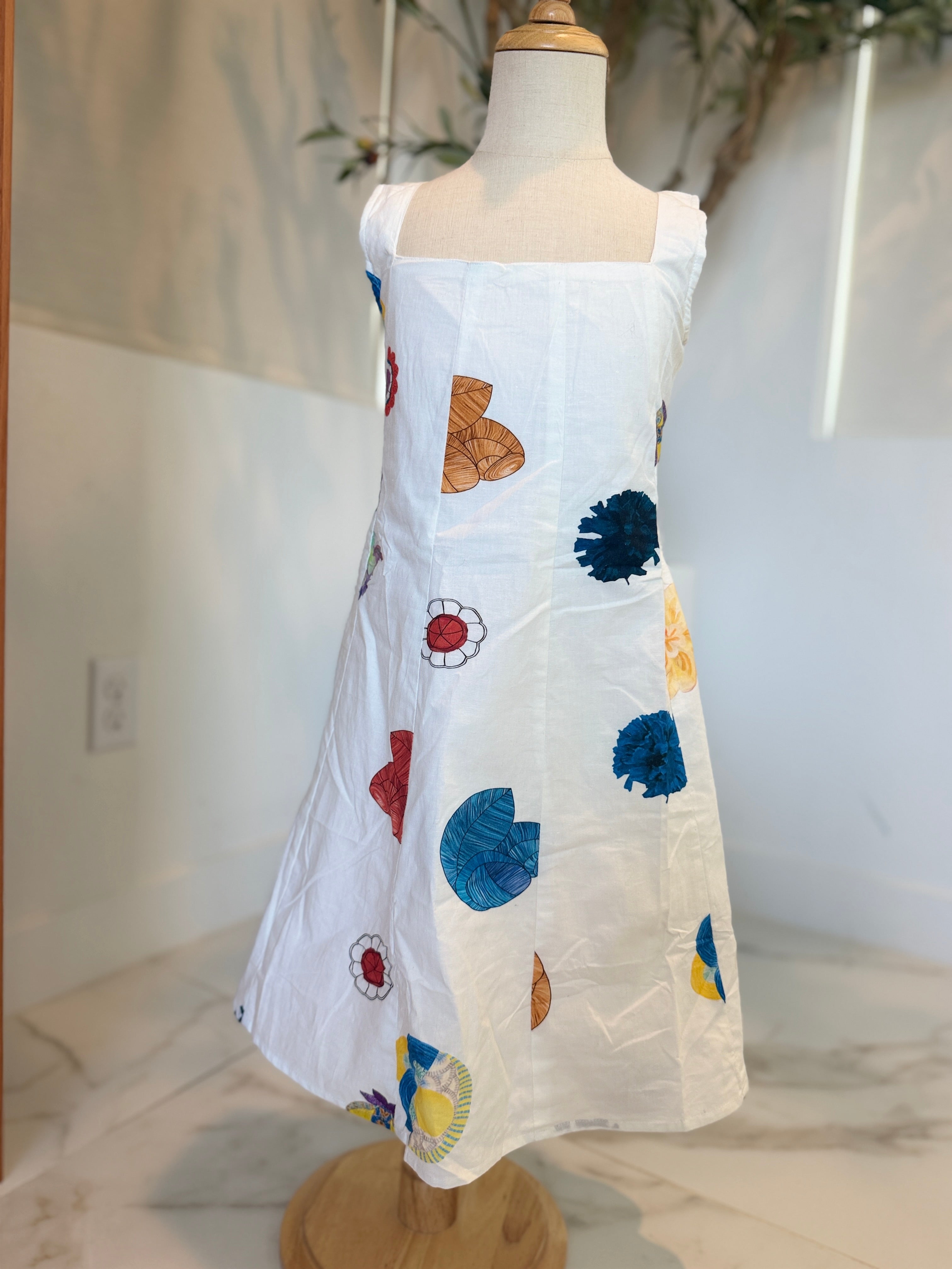 Girls Sleeveless A-Line Dress — White Watercolor Botanical Print