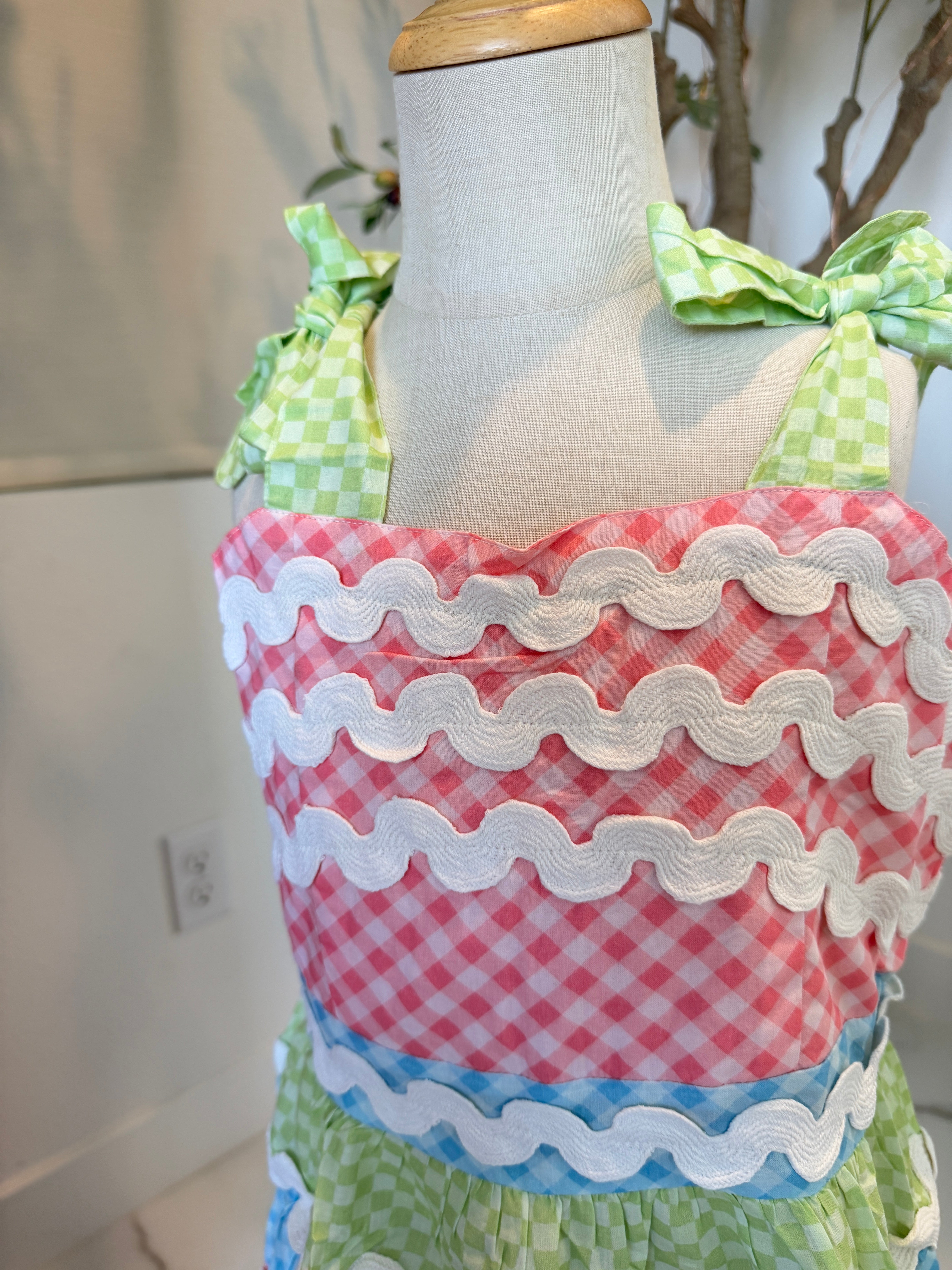 Girls Gingham Tiered Dress — Rainbow Check with Rickrack Trim and Tie Straps