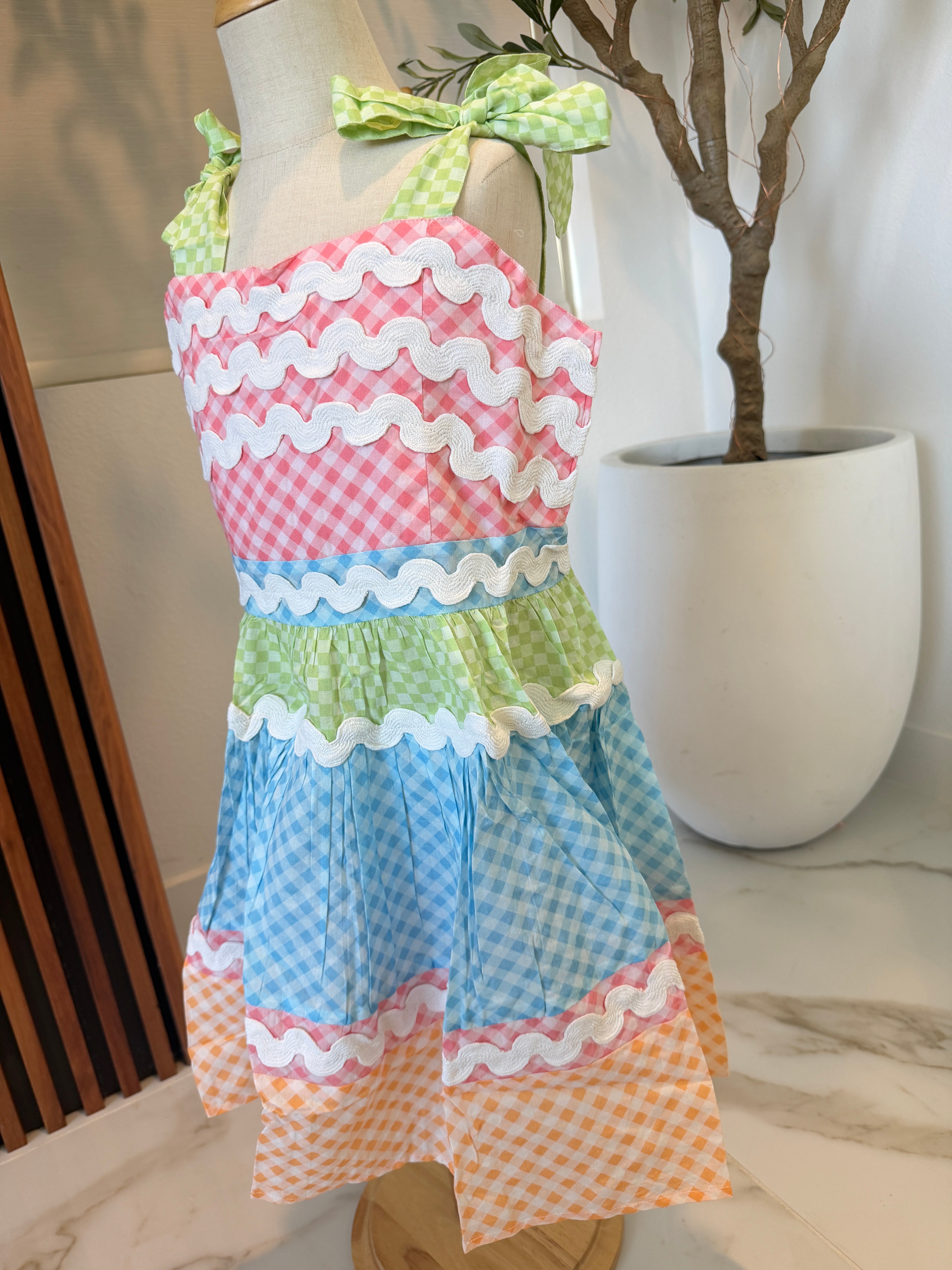Girls Gingham Tiered Dress — Rainbow Check with Rickrack Trim and Tie Straps