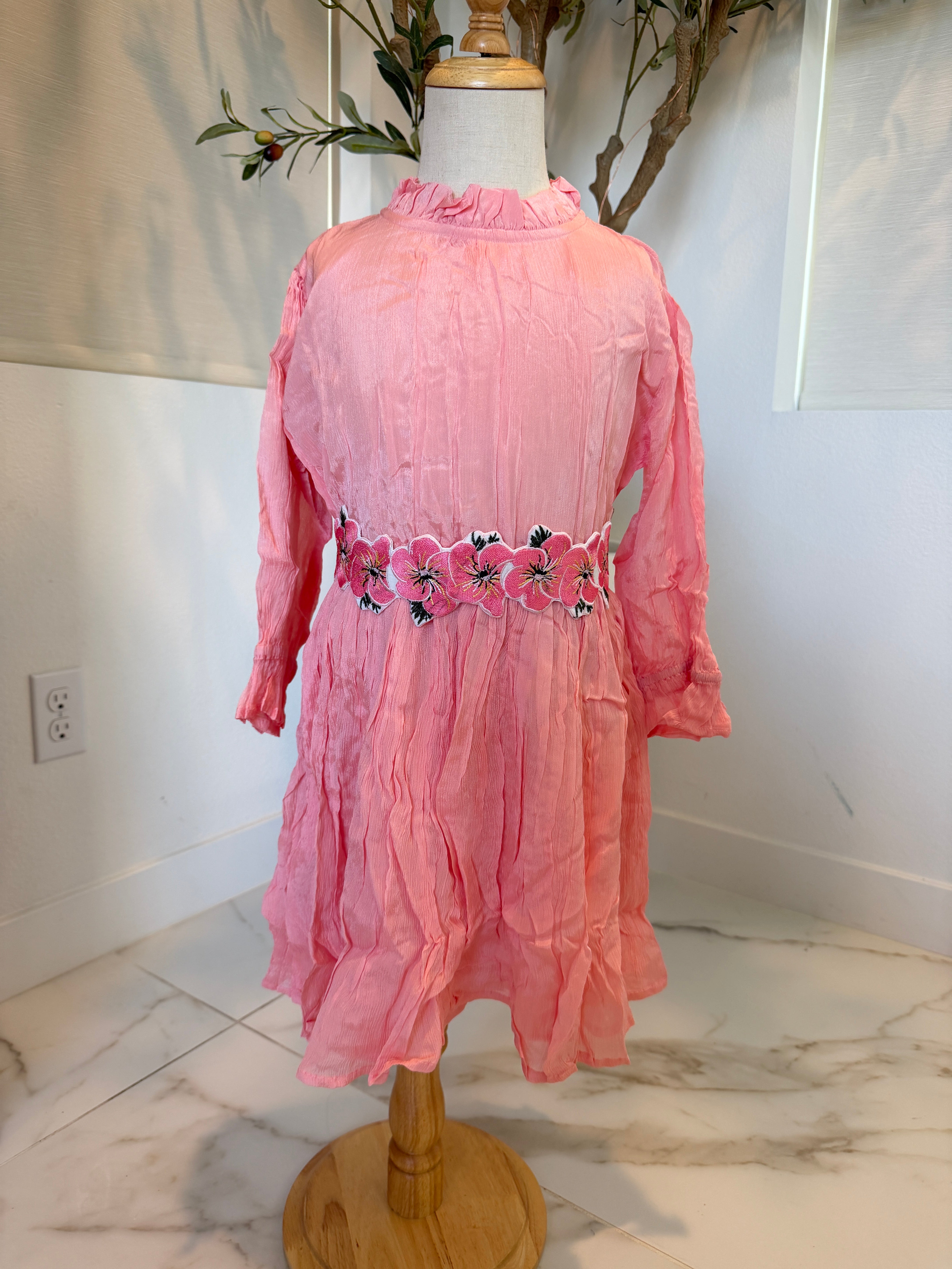 Girls Long Sleeve Crinkle Dress — Coral with Floral Embroidered Waist and Ruffle Neck