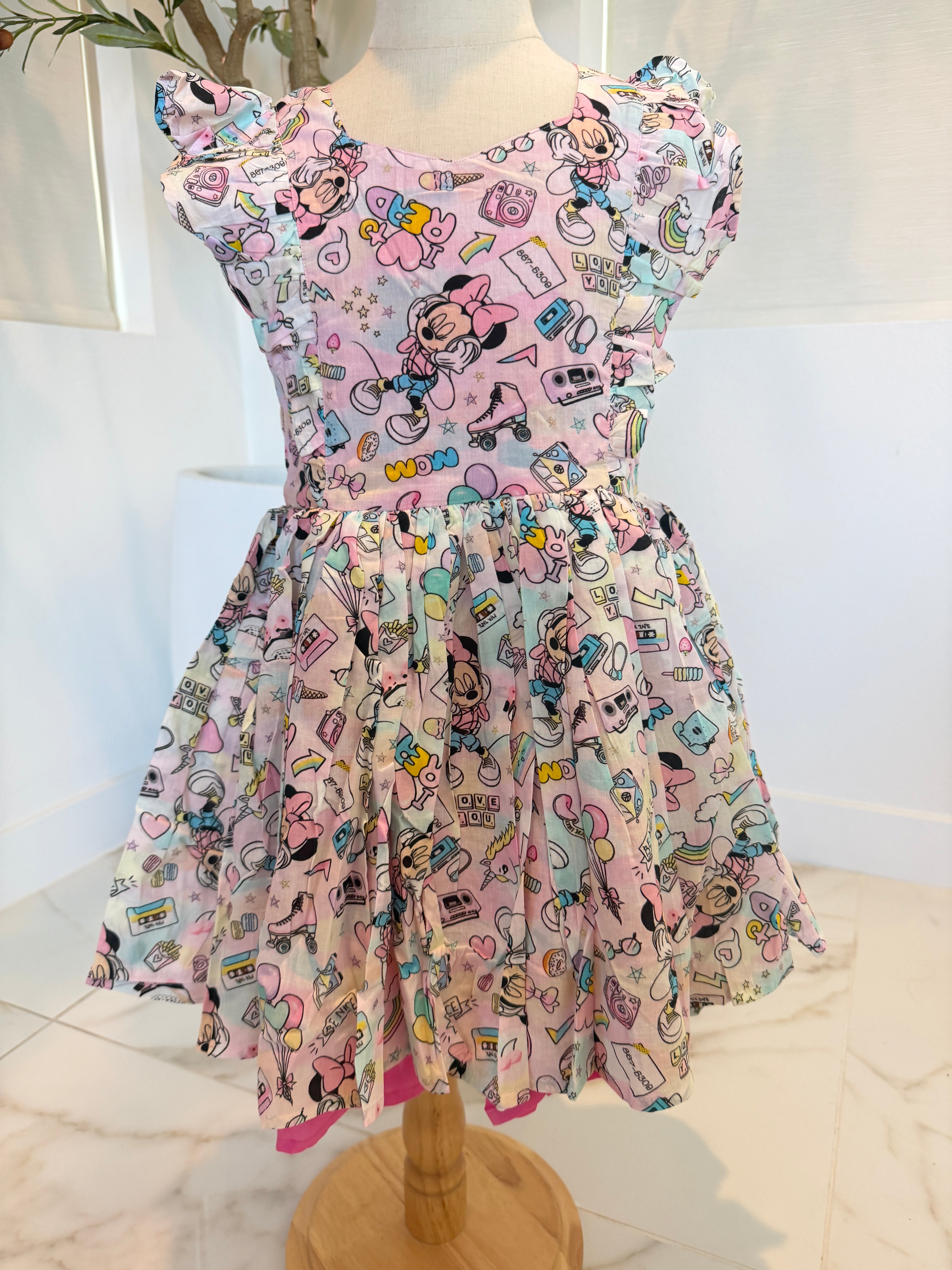 Girls Flutter Sleeve Twirl Dress — Pastel Retro Cartoon Doodle Print