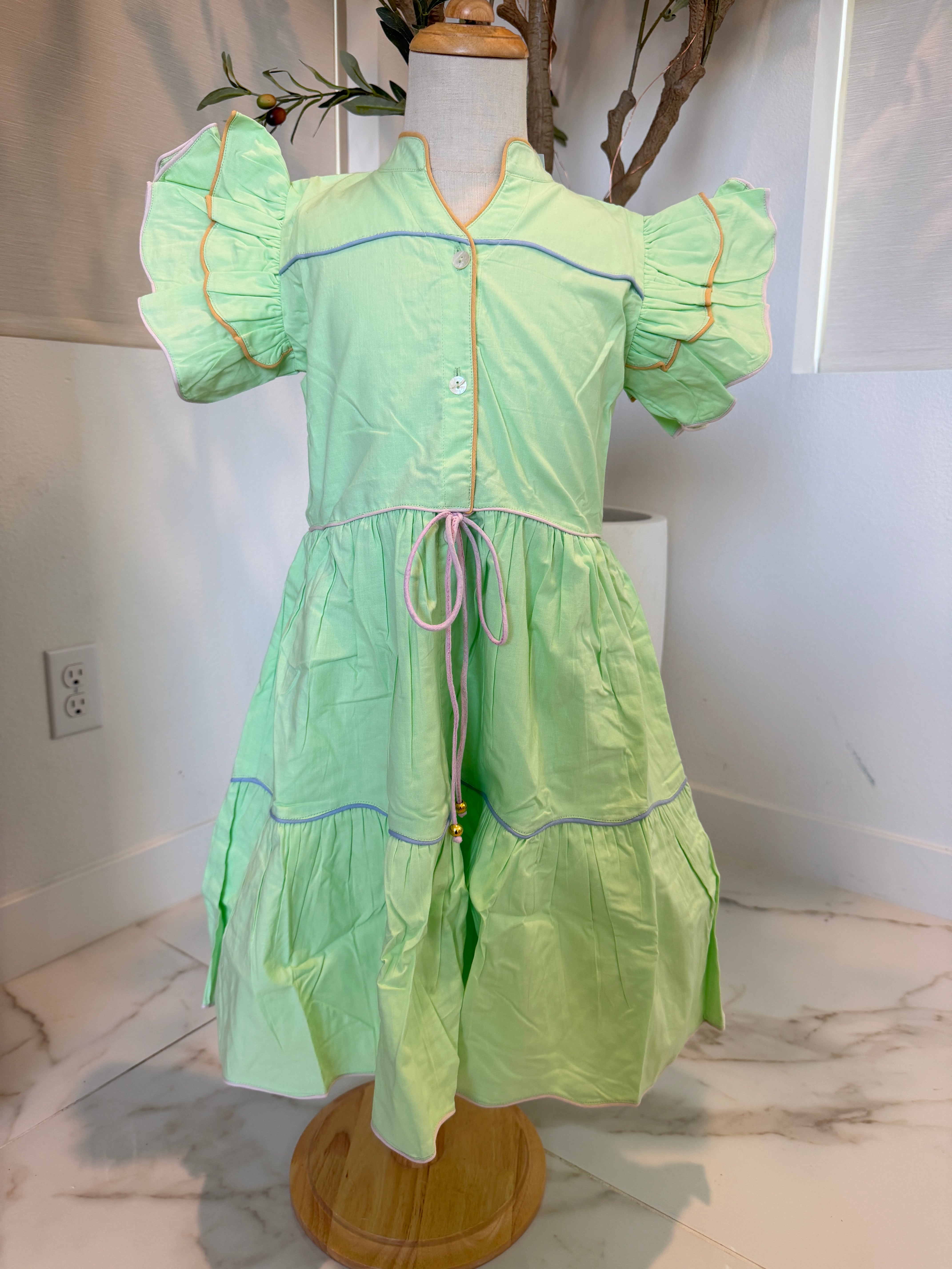 Girls Ruffle Sleeve Tiered Dress — Mint Green with Contrast Piping and Bell Ties