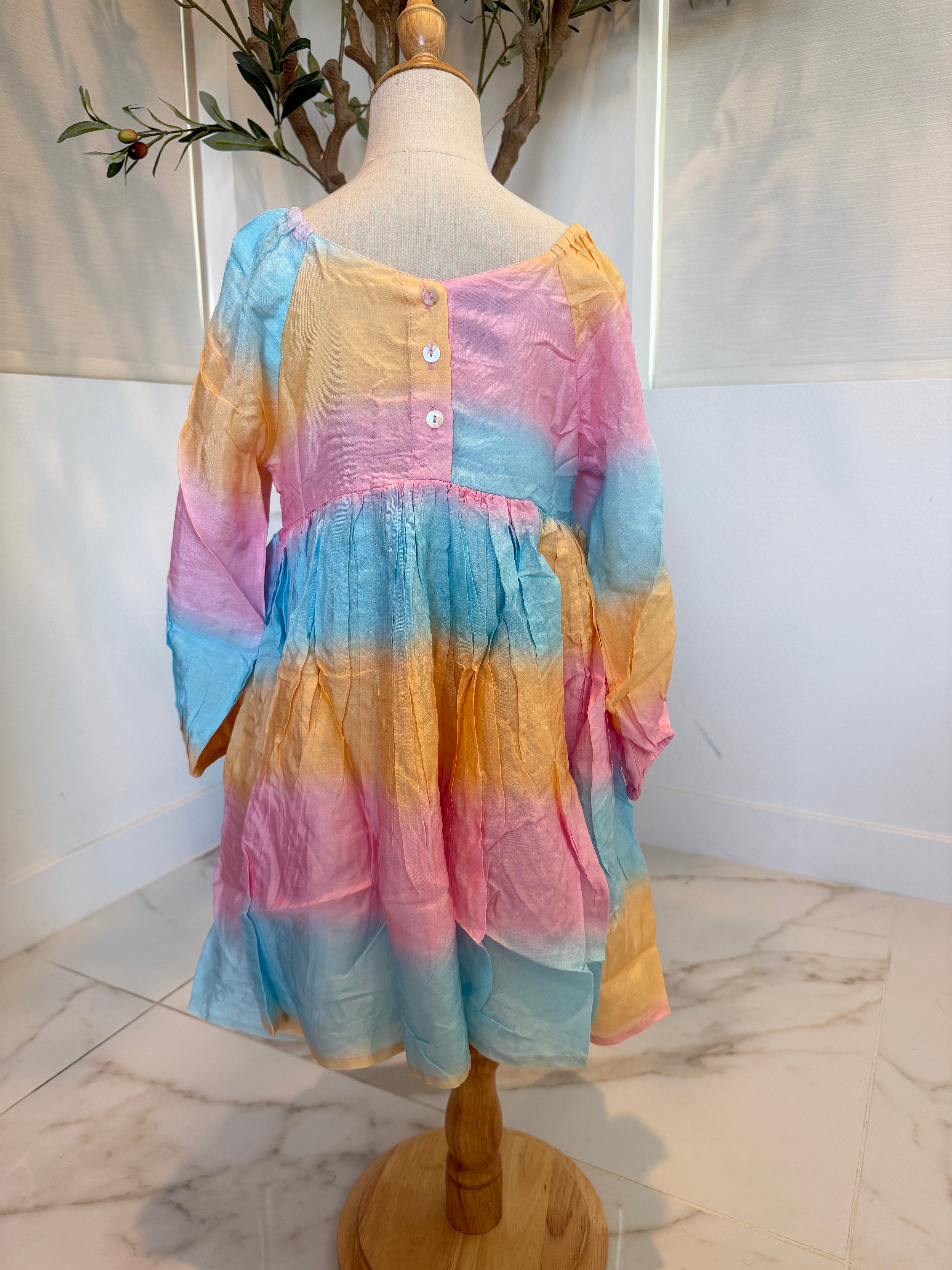 Girls Long Sleeve Babydoll Dress — Pastel Rainbow Ombre