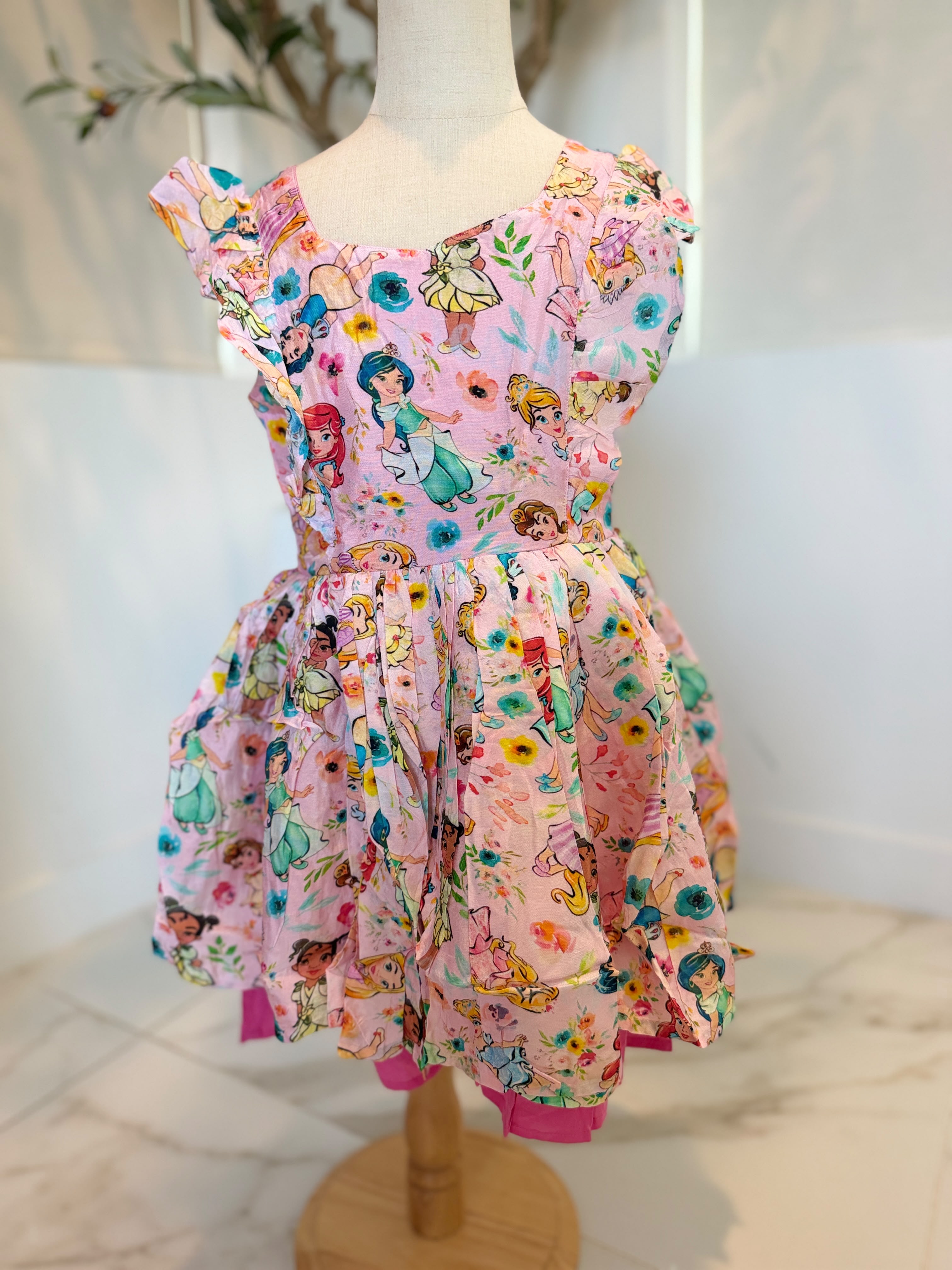 Girls Flutter Sleeve Twirl Dress — Pink Watercolor Princess Print