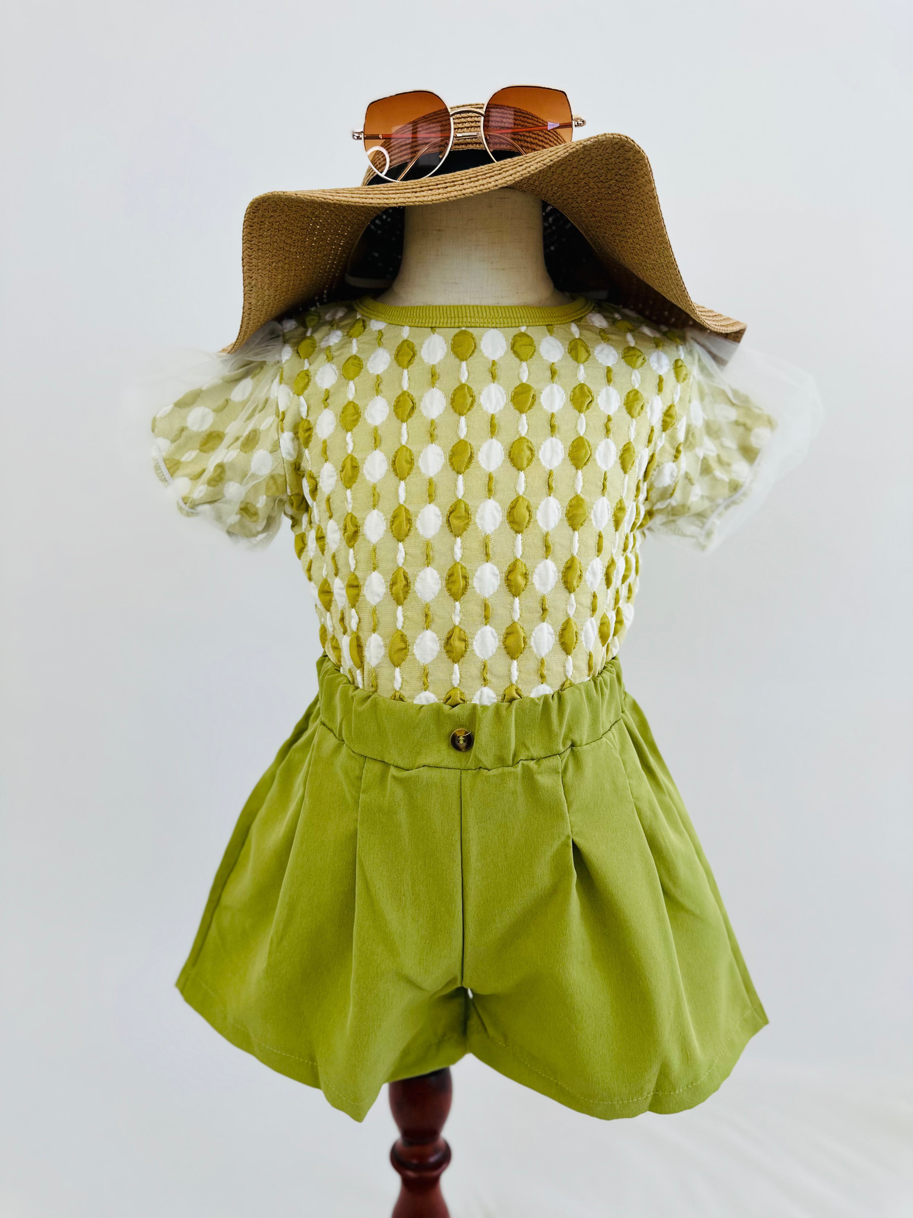 Puff sleeve top with breathable shorts Pastels and polkadots