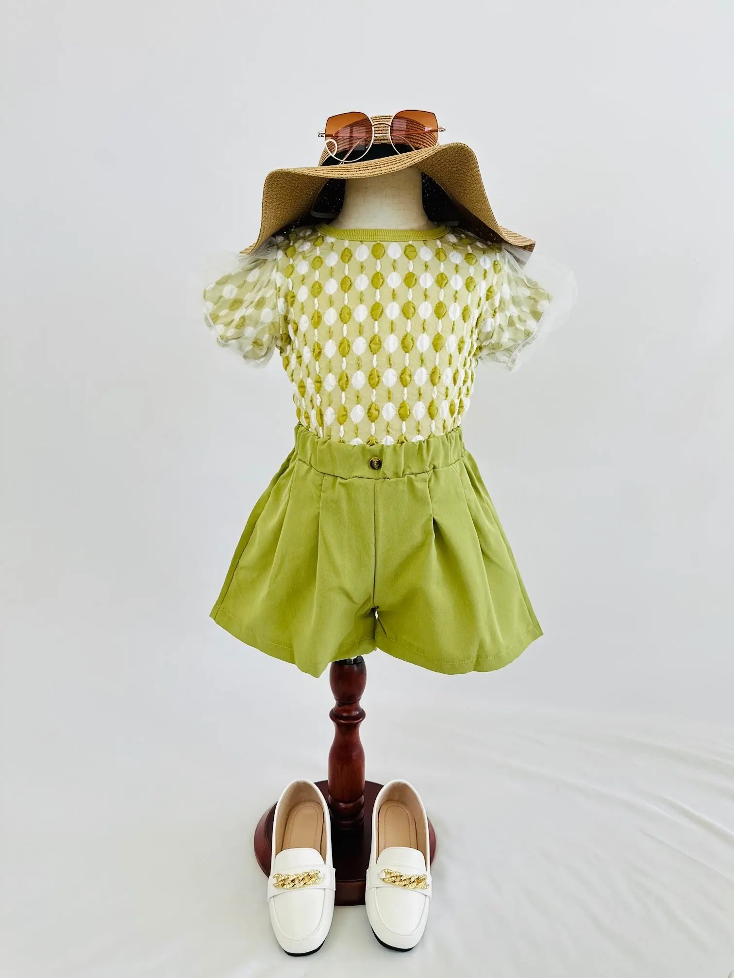 Puff sleeve top with breathable shorts Pastels and polkadots