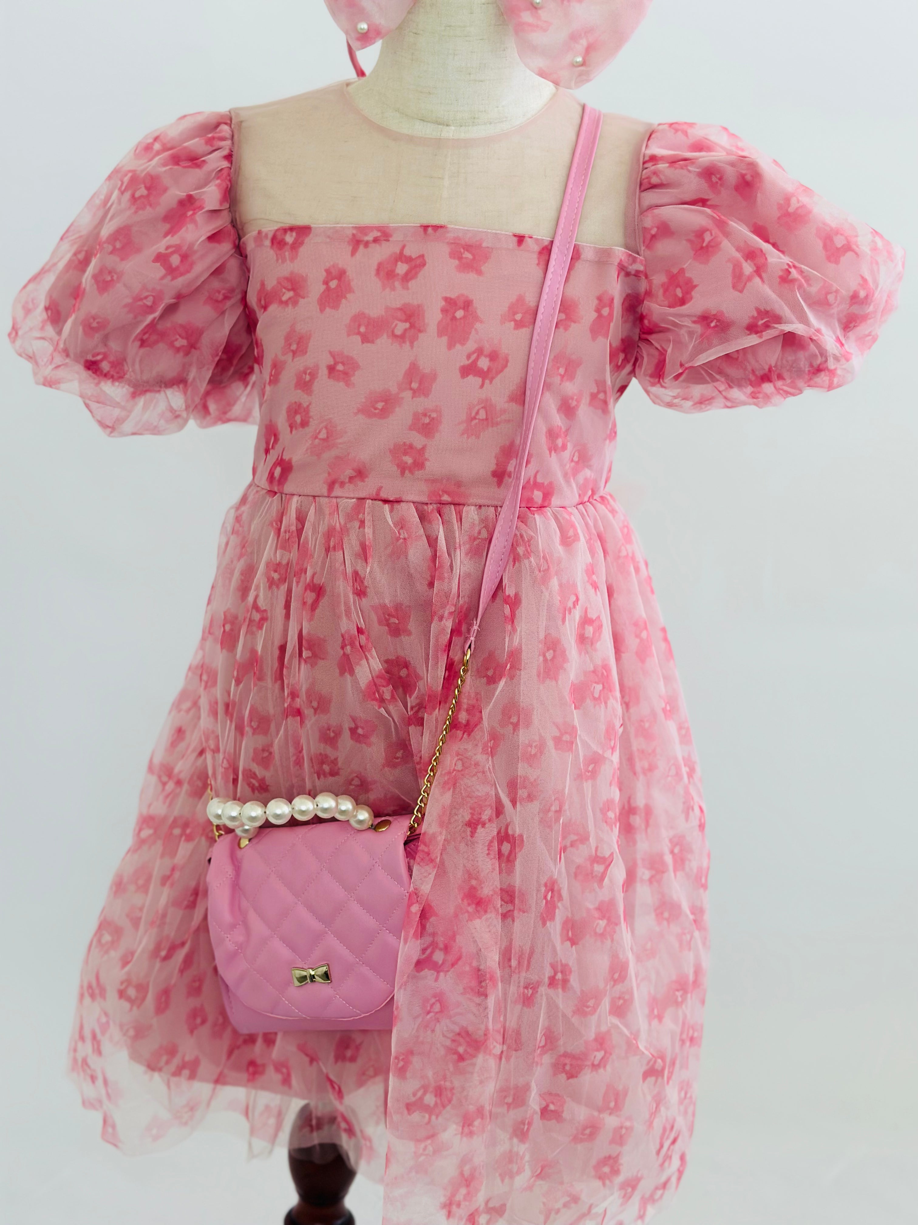 Puff sleeve pink soft tulle dress Pastels and polkadots