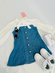 lite weight cotton white full sleeve denim dress Pastels and Polkadots