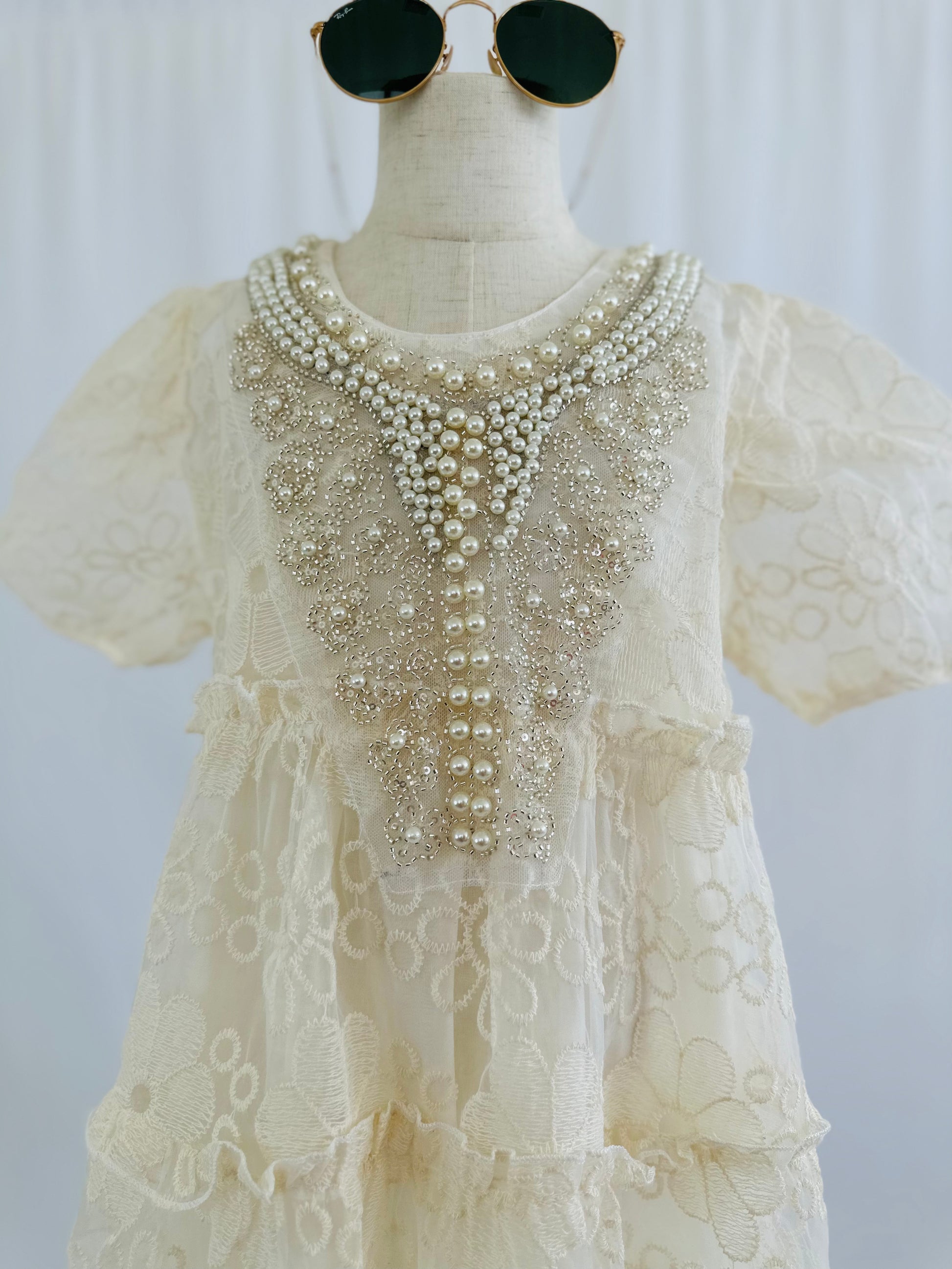 premium handmade lace party dresses 1920s Ivory Handmade Lace Gown with Puffball Sleeves