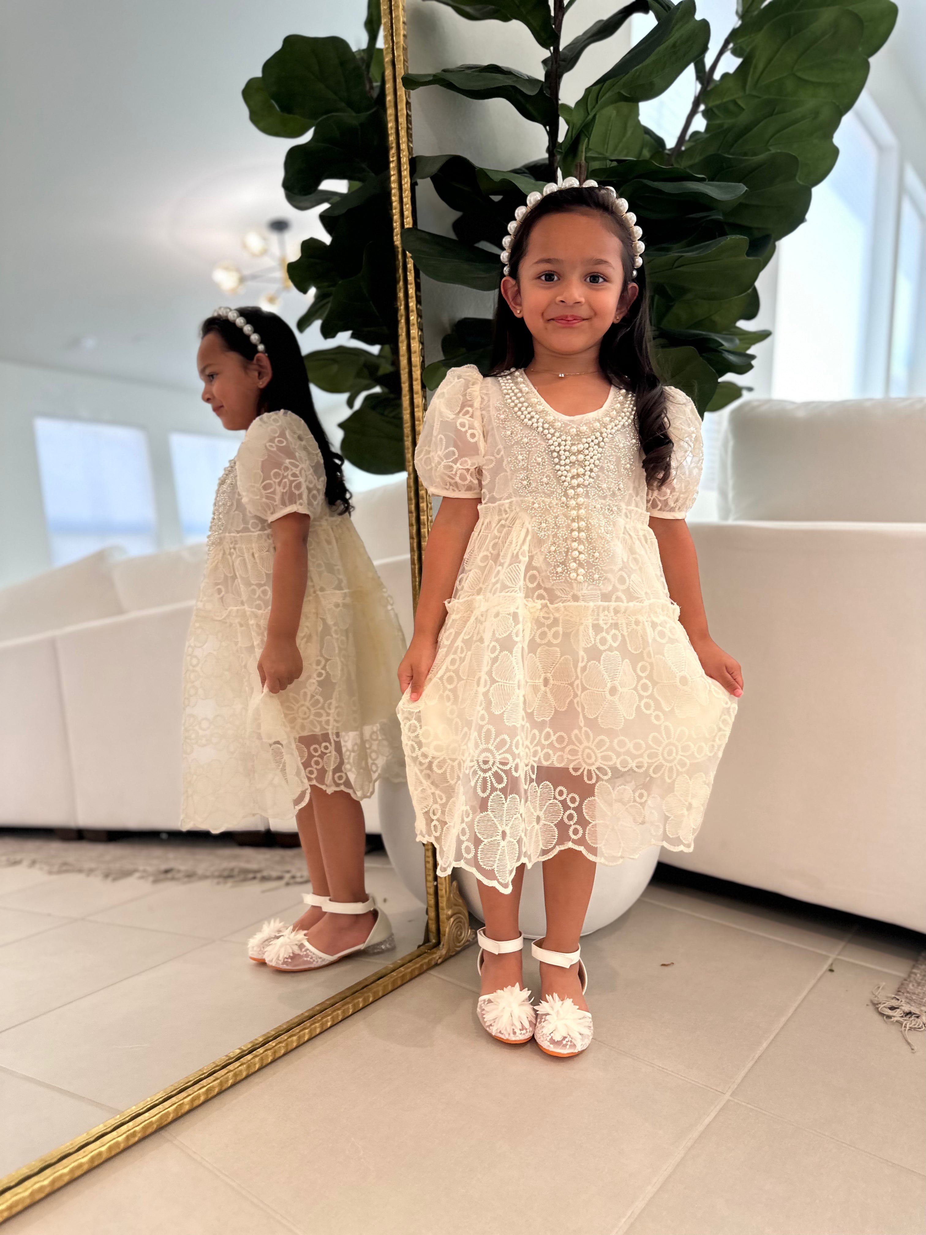 Floral Lace Party Dress - Hand Embroidered - Pastels and Polkadots Floral Lace Party Dress - Hand Embroidered - Pastels and Polkadots