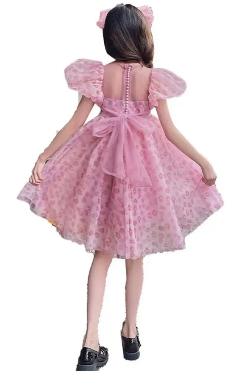 Puff sleeve pink soft tulle dress Pastels and polkadots