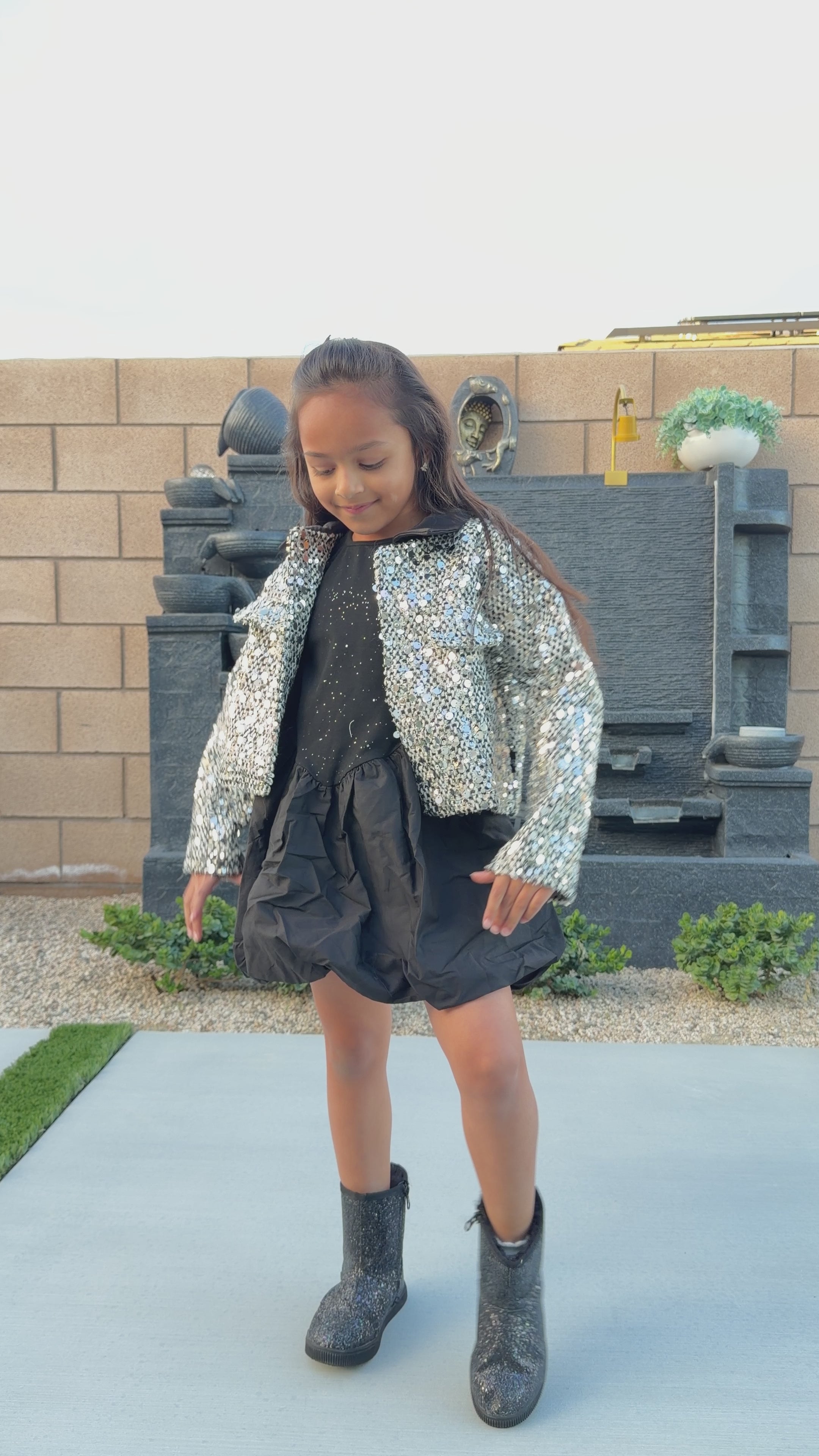 Load video: Sparkle Night Black Dress with Sequin Jacket – Party Wear Set for Girls