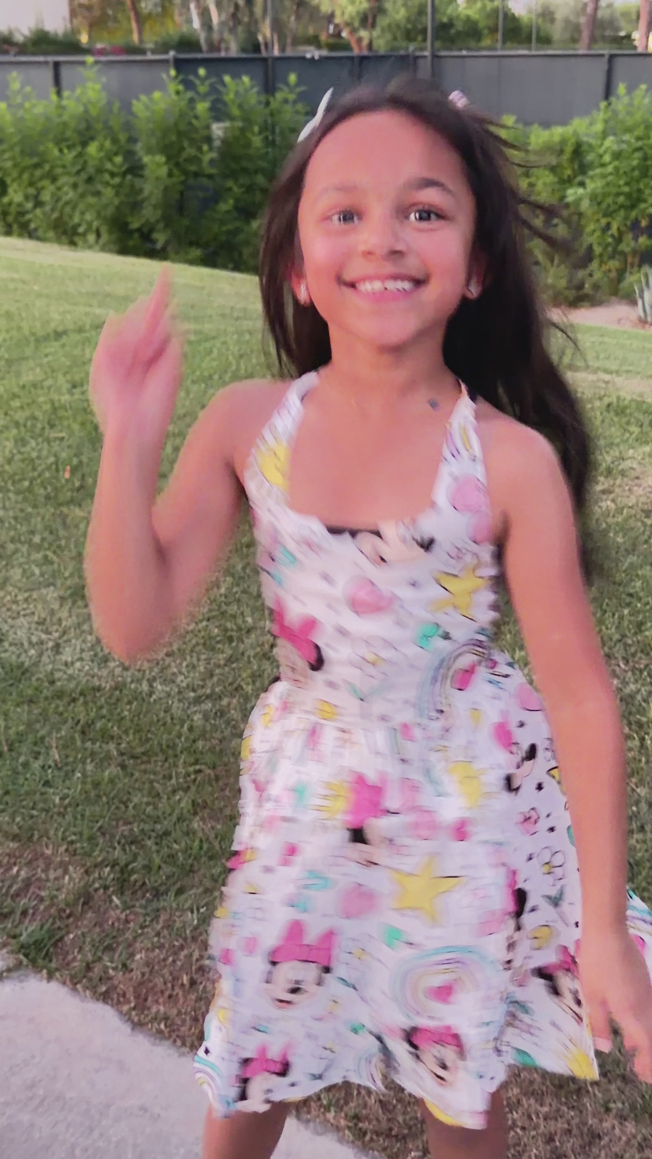 Load video: Girls Twirl Dress — White Iconic Bow Character Print with Sweetheart Neckline