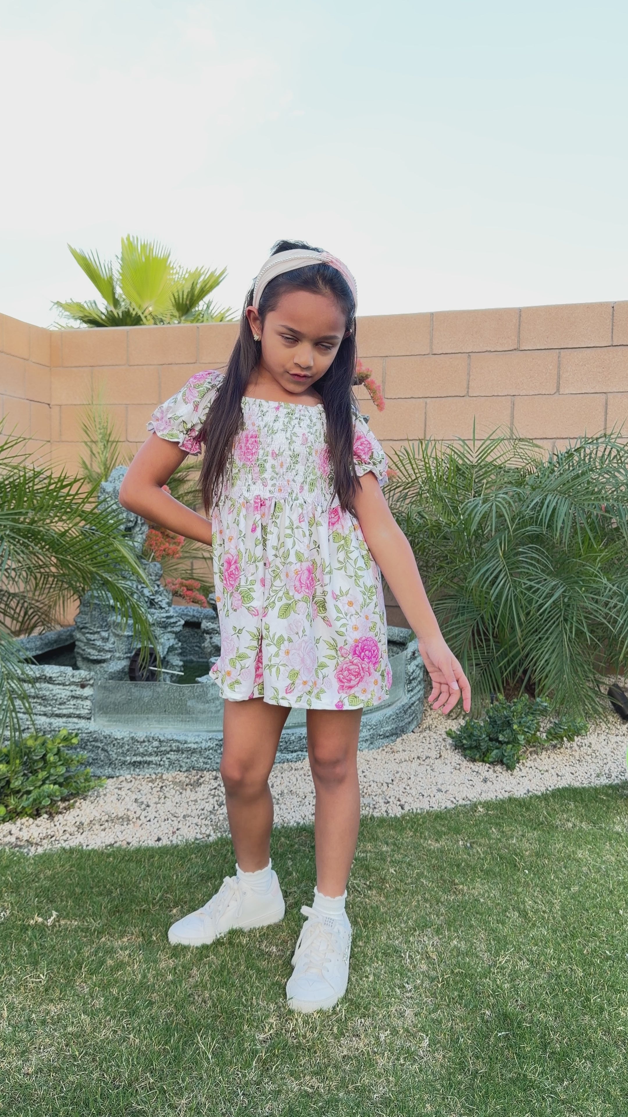Load video: Girls Bubble Dress – Floral Garden Print