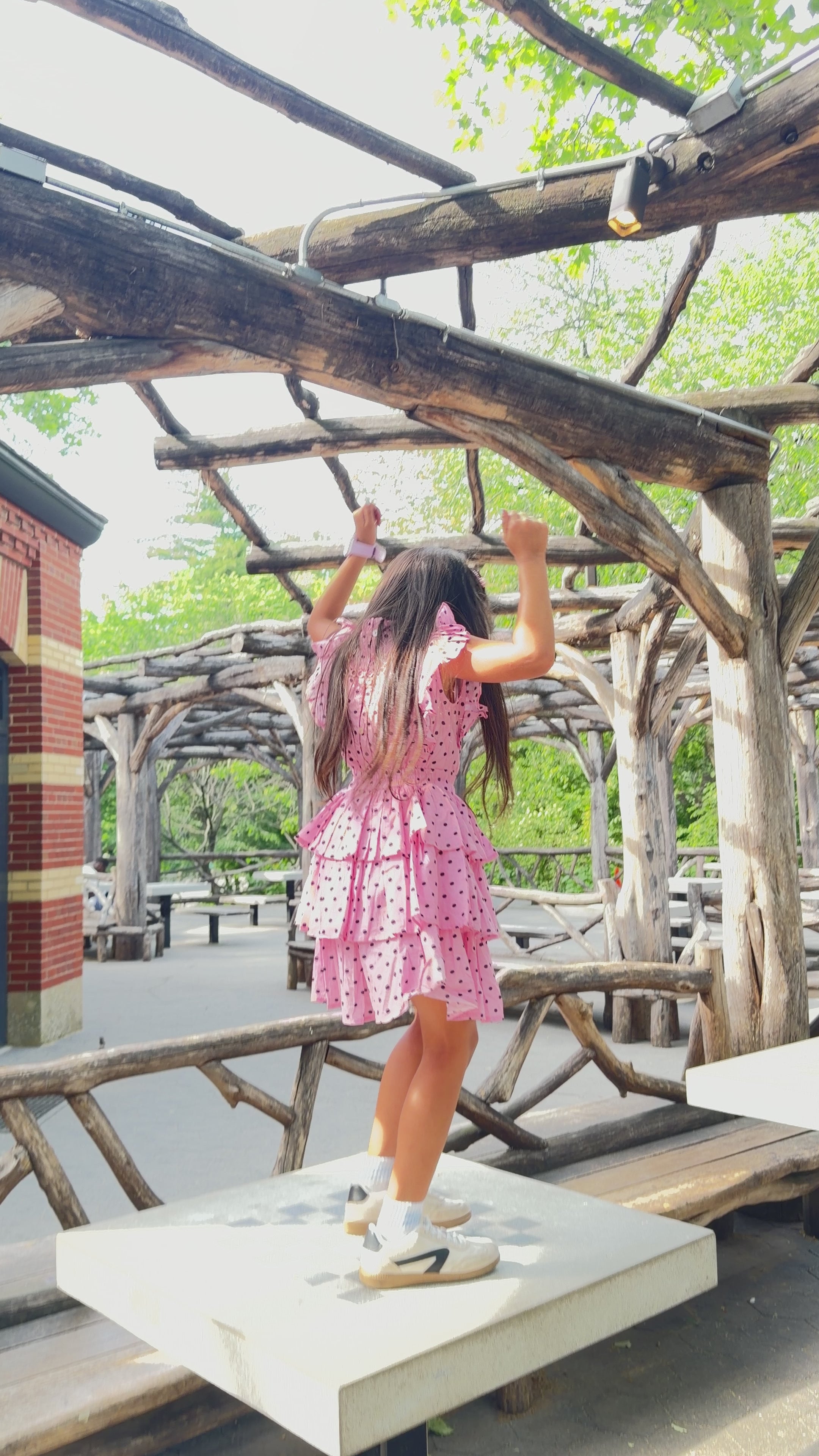 Load video: Girls Polka Dot Ruffle Dress — Pink and Black with Smocked Waist