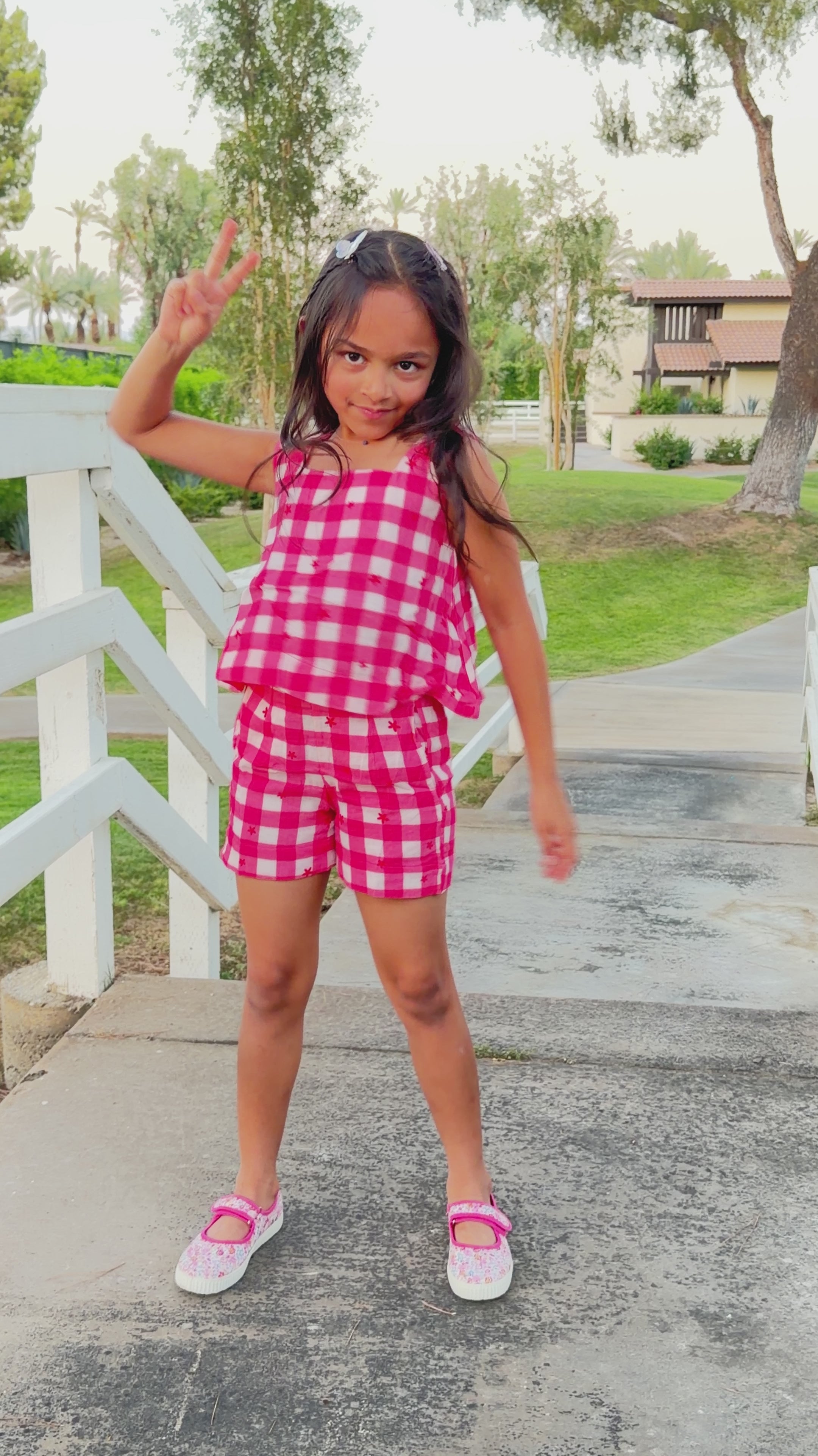 Load video: Girls Gingham Top and Shorts Set — Hot Pink Star Embroidery