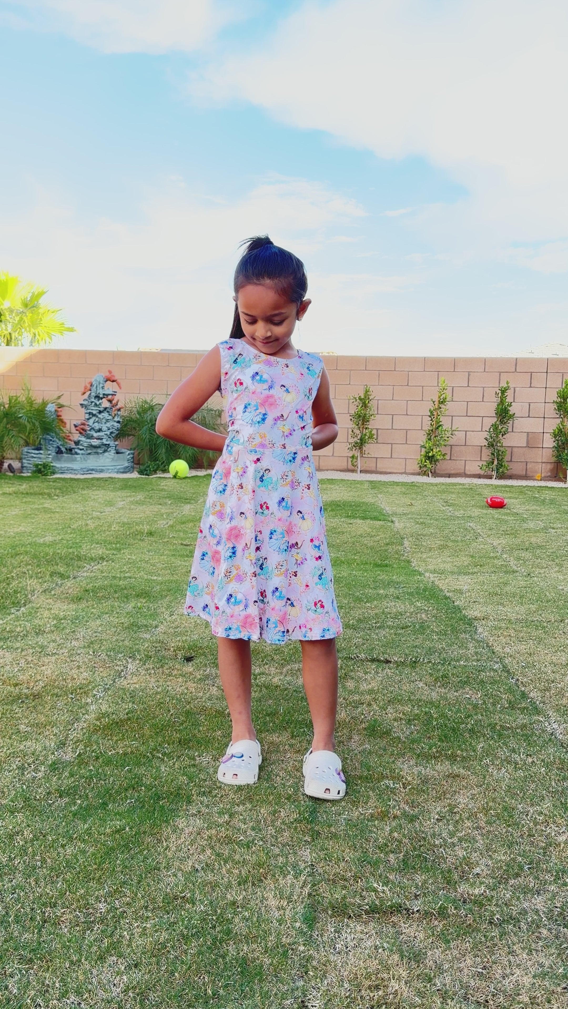 Load video: Girls Active Dress with Built-in Shorts &amp; Pocket – Princess Print